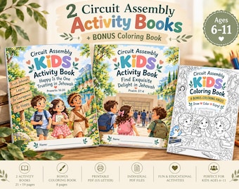May include: A set of two Circuit Assembly Kids Activity Books and one bonus coloring book for ages 6-11. The covers feature colorful illustrations of children, nature scenes, and text including "Happy Is the One Trusting in Jehovah" and "Find Exquisite Delight in Jehovah."