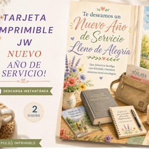 Pode incluir: Um cartão de felicitações imprimível com o texto Te deseamos un Nuevo Año de Servicio Lleno de Alegría, um ramo de flores, um livro, um caderno com caneta e uma pequena bolsa. O cartão mede 12,7 por 17,8 cm e inclui imagens religiosas.