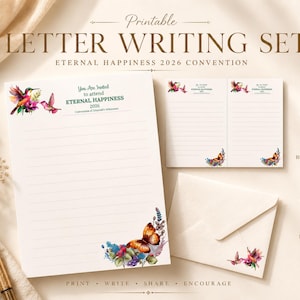 Könnte beinhalten: Druckbares Briefschreibset mit Blumen- und Kolibri-Illustrationen. Enthält linierte und leere Seiten, einen Bonusumschlag und eine druckbare PDF-Datei. Der Text lautet "Eternal Happiness 2026 Convention".