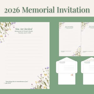 May include: Memorial invitation set with floral accents. The invitation includes lined paper, an envelope, and a folded card. The text "You Are Invited" and "2026 Memorial Invitation" are visible. The design features delicate watercolor flowers.