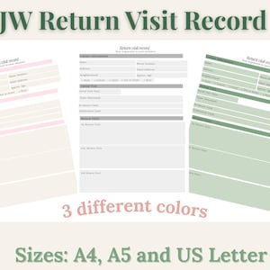 May include: Image of three JW Return Visit Record templates in pink, gray, and green. The text "JW Return Visit Record" is at the top. The text "3 different colors" and "Sizes: A4, A5 and US Letter" are also visible.