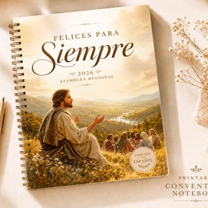 Op de afbeelding: Spiraalgebonden notitieboek met de tekst "FELICES PARA Siempre 2026 Asamblea Regional" en een religieus schilderij. Een gouden pen ligt naast het notitieboek. De woorden "PRINTABLE CONVENTION NOTEBOOK" zijn ook zichtbaar.
