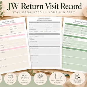 May include: Three printable JW Return Visit Record sheets in pink, gray, and green. Each form includes sections for contact information, initial visit details, and return visits, with the text "JW Return Visit Record" at the top.