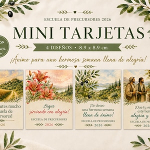 May include: Four square cards measuring 8.9 x 8.9 cm for the 2026 Pioneer School. Each card features distinct watercolor illustrations of landscapes, flowers, olive branches, and figures, with Spanish text including phrases like Escuela de Precursores.