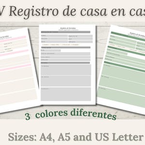 Puede incluir: Tres hojas de papel con el texto "JW Registro de casa en casa" en español. Las hojas son de color rosa, gris y verde. También se ve el texto "3 colores diferentes" y "Sizes: A4, A5 and US Letter".