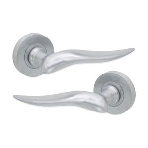 May include: Two silver-colored door handles with a curved lever design. Each handle has a circular base and a smooth, metallic finish. The handles are shown against a white background, highlighting their sleek, modern aesthetic.