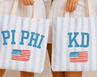 Bolso de mano personalizado para hermandad, bolso de mano patriótico para la vida griega, bolso de mano con la bandera estadounidense para hermandad, bolso de playa, regalo para el día de la iniciación, bolso de mano universitario