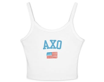 Camiseta sin mangas Alpha Chi Omega, Camiseta corta sin mangas Alpha Chi, Camiseta sin mangas de la vida griega, Camiseta de la hermandad con la bandera estadounidense, Atuendo para el día de la aceptación, Camiseta sin mangas AXO