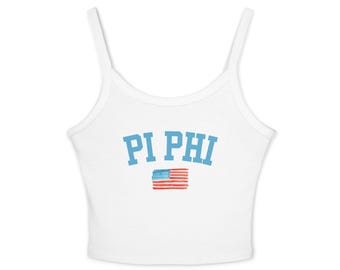 Camiseta sin mangas Pi Beta Phi, camiseta corta de hermandad, camiseta sin mangas de la vida griega, camiseta de hermandad con la bandera estadounidense, camiseta sin mangas Bella Canvas 1019, atuendo para el día de la ceremonia de iniciación.