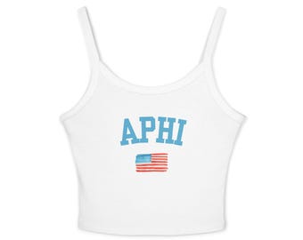 Camiseta sin mangas Alpha Phi, camiseta corta de hermandad, camiseta sin mangas de la vida griega, camiseta de hermandad con la bandera estadounidense, camiseta sin mangas Bella Canvas 1019, atuendo para el día de la ceremonia de iniciación.