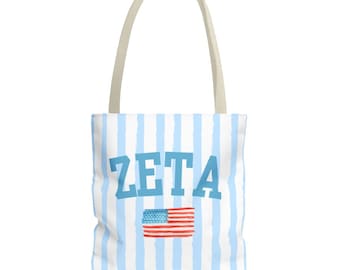 Bolso de mano de la hermandad Zeta Tau Alpha, bolso de mano patriótico de la vida griega, bolso de hermandad con la bandera estadounidense, bolso de playa, regalo del día de la incorporación, bolso de mano universitario