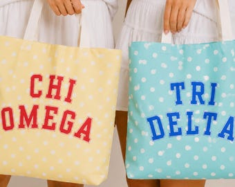 Bolso de mano personalizado para hermandad, bolso de mano con lunares para la vida griega, bolso de mano lindo para la universidad, regalo del día de la iniciación, regalo para hermanas mayores y menores, bolso para libros de hermandad.