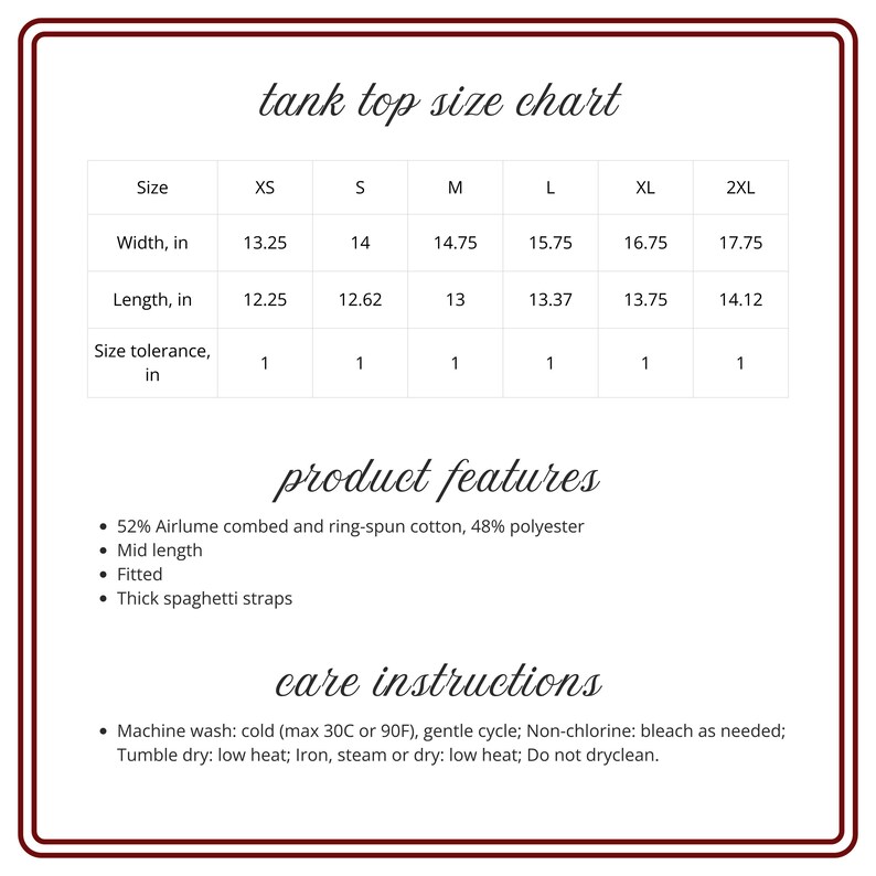 Op de afbeelding: Een maattabel voor tanktops met afmetingen in inches. De tabel bevat maten XS tot 2XL, met details over breedte en lengte. Productkenmerken zijn 52% Airlume katoen, middellange lengte, getailleerd en dikke spaghettibandjes. Onderhoudsinstructies zijn ook voorzien.