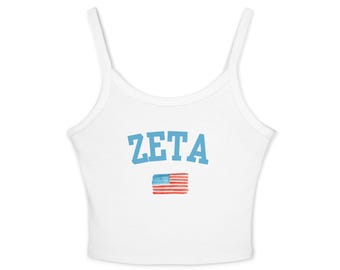 Camiseta sin mangas Zeta Tau Alpha, camiseta corta de hermandad, camiseta sin mangas de la vida griega, camiseta de hermandad con la bandera estadounidense, camiseta sin mangas Bella Canvas 1019, atuendo para el día de la ceremonia de iniciación.