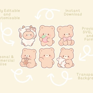 May include: A collection of six cartoon bear illustrations in various poses, each with a different accessory or outfit. The bears are light brown with small black eyes and noses. The image includes text that says "Fully Editable and Customisable", "Instant Download", "Personal & Commercial Use", "Provided in SVG, PNG, and AI Formats", and "Transparent Background".