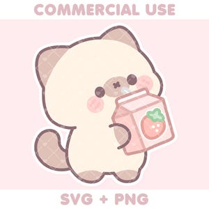 Puede incluir: Una linda ilustración de dibujos animados de una criatura parecida a un gato de color marrón claro bebiendo de un cartón de leche de fresa rosa. La imagen tiene una paleta de colores pastel y el texto "COMMERCIAL USE" y "SVG + PNG".