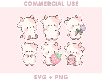 6 Cute Pink Cow Illustrations Bundle | PNG SVG | Kawaii Pastel Clipart | Cricut Cut File | Sticker Design | Commercial Use