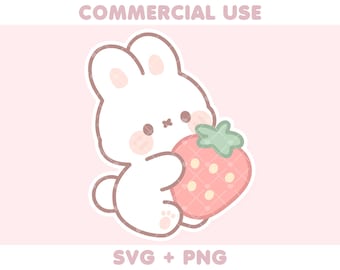 Cute Bunny Holding Large Strawberry Illustration | PNG SVG | Kawaii Pastel Clipart | Cricut Cut File | Sticker Design | Commercial Use