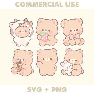 May include: A collection of six cartoon bear illustrations in a soft, pastel color palette. The bears are depicted in various poses, some holding objects like a strawberry, a bow, and a bunny. The image includes the text "COMMERCIAL USE" and "SVG + PNG".