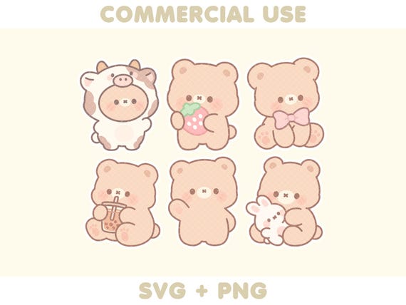 6 Cute Beige Bear Illustrations Bundle | PNG SVG | Kawaii Pastel Clipart | Cricut Cut File | Sticker Design | Commercial Use
