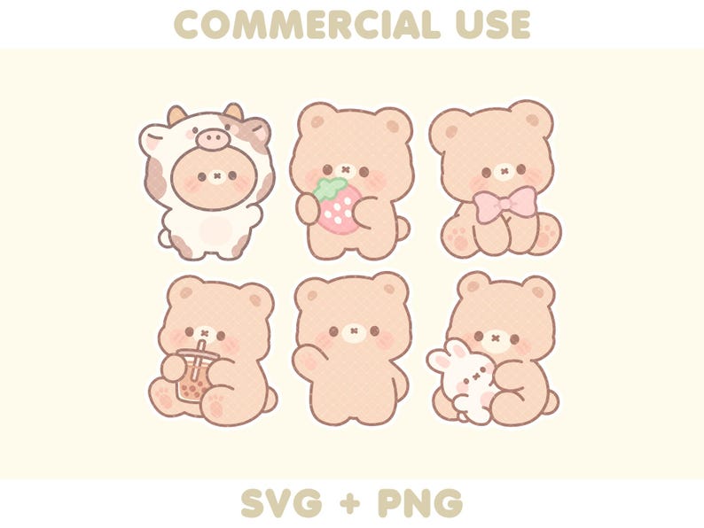 May include: A collection of six cartoon bear illustrations in a soft, pastel color palette. The bears are depicted in various poses, some holding objects like a strawberry, a bow, and a bunny. The image includes the text "COMMERCIAL USE" and "SVG + PNG".