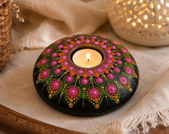 Hand Painted Mandala Stone Tea Light Holder, Boho Dot Art Rock Decor