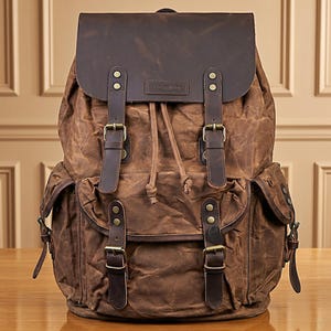 Sac à dos en cuir pleine fleur en toile noyer | Sac robuste pour hommes | Sac à cordon de randonnée