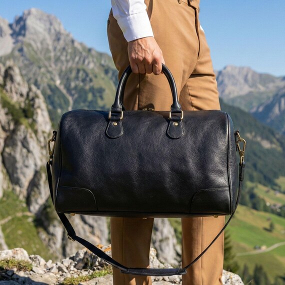 Handmade Men's Black Leather Duffel Bag, Cabin Size (Adjustable Strap Included)