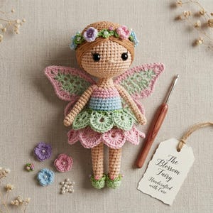 Fairy Blossom Doll Crochet Pattern PDF, Floral Amigurumi Fairy, Petal Dress Doll, Wings & Hair Tutorial, Advanced Crochet Pattern