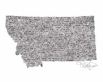 Montana map. Handwritten. Art. State Art. Montana Art. Montana cities and towns. 8.5 X 11. Montana Wall Art. Montana Unique Gift