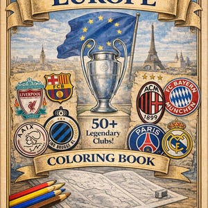 以下が含まれることがあります： 「Great Clubs of Europe」というタイトルの塗り絵本。UEFAチャンピオンズリーグのトロフィー、ヨーロッパのランドマーク、チームのロゴが特徴です。色鉛筆と地図のイラストが描かれた開いたページが含まれています。