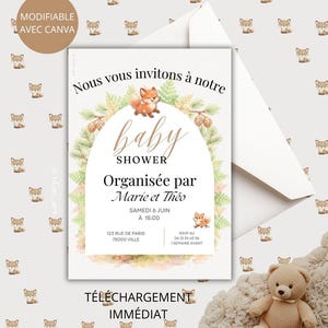 Peut inclure: Une invitation de baby shower avec une illustration de renard à l'aquarelle et le texte "Baby Shower". L'invitation est décorée d'une couronne de feuilles et d'un motif répété de renards. Le texte comprend la date, l'heure et le lieu.