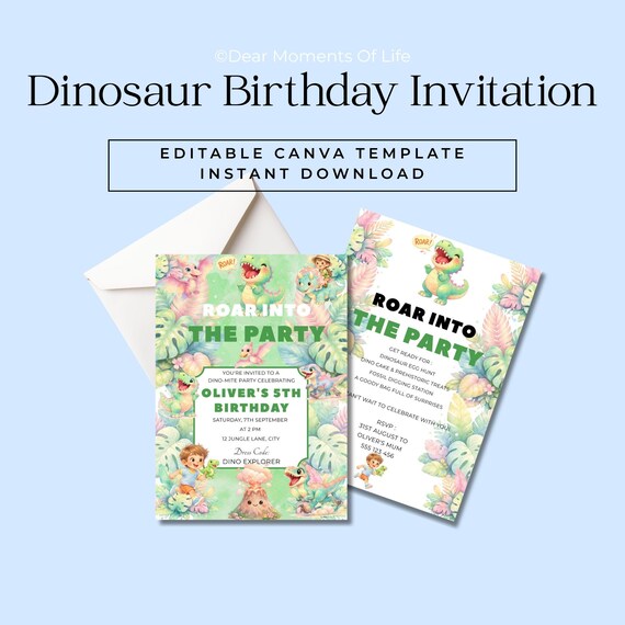 Dinosaur birthday invitation for boys editable Canva template printable 5x7 instant download watercolor dino party supplies