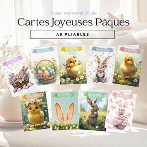 Peut inclure: Collection de cartes de vœux de Pâques pliables de format A5. Chaque carte présente un design différent, avec des lapins, des poussins et des œufs de Pâques. Les cartes sont décorées d'éléments floraux et pastel, avec le texte "Cartes Joyeuses Pâques".