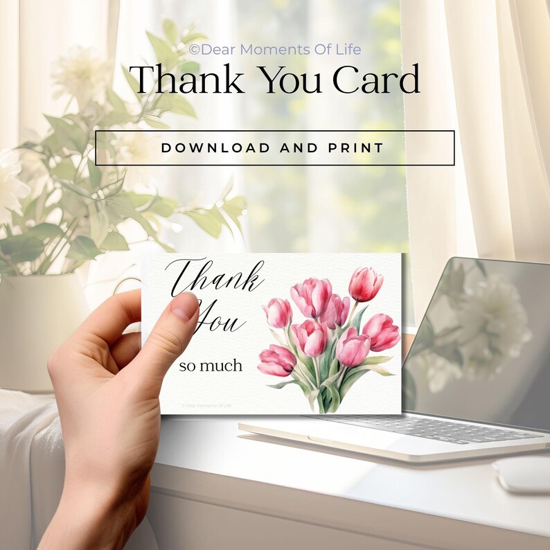 Printable Thank You Card With Pink Tulips, Floral Bouquet, Thank You so ...