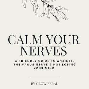 Peut inclure: Couverture de livre avec le titre "CALM YOUR NERVES" en grandes lettres sombres. En dessous, le texte indique "A FRIENDLY GUIDE TO ANXIETY, THE VAGUS NERVE & NOT LOSING YOUR MIND." Une illustration de feuilles en noir et blanc est en haut.