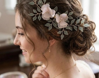 Handmade Bridal Hair Vine, Pink Floral Wedding Headpiece, Sapphire Accessories Gold Wire Resin
