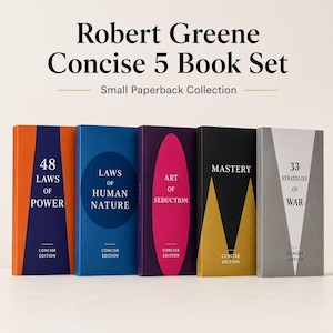 Op de afbeelding: Een set van vijf Robert Greene paperbacks met de titels 48 Laws of Power, Laws of Human Nature, Art of Seduction, Mastery en 33 Strategies of War. Elk boek heeft een unieke gekleurde kaft met geometrische vormen en de tekst Concise Edition.