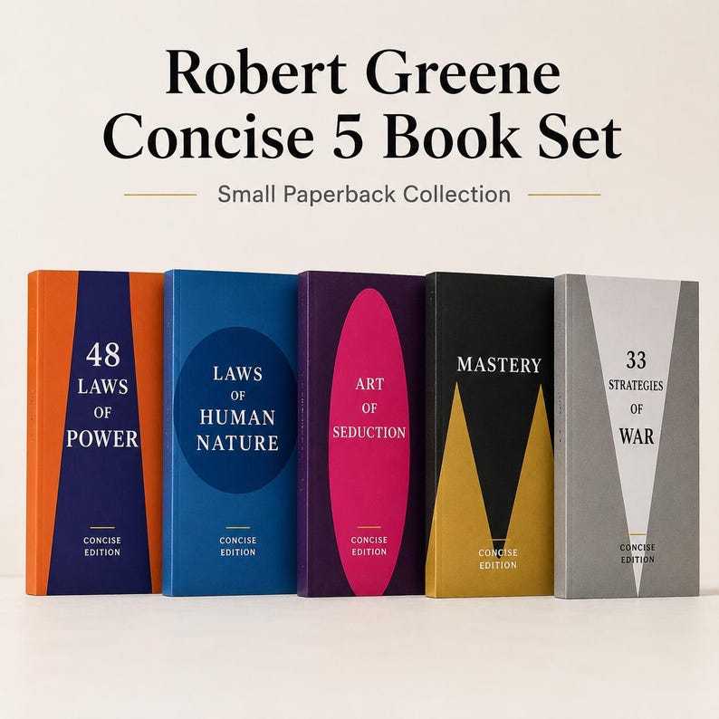 May include: A set of five Robert Greene paperback books titled 48 Laws of Power, Laws of Human Nature, Art of Seduction, Mastery, and 33 Strategies of War. Each book features a distinct colour cover with geometric shapes and the text Concise Edition.
