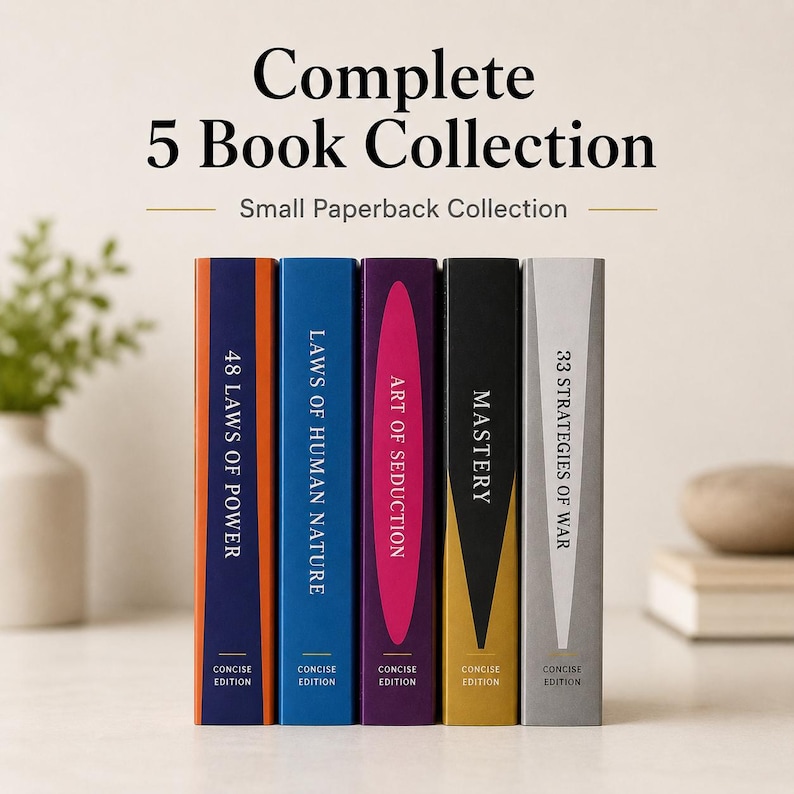 May include: A collection of five paperback books titled 48 Laws of Power, Laws of Human Nature, Art of Seduction, Mastery, and 33 Strategies of War. Each book spine features a unique colour and geometric design with the text Concise Edition.