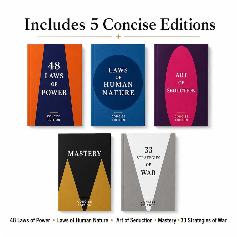 May include: A collection of five books titled 48 Laws of Power, Laws of Human Nature, Art of Seduction, Mastery, and 33 Strategies of War. Each book cover features distinct geometric shapes and colours, including orange, blue, purple, black, and white.