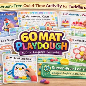 60 Playdough Mats for Toddlers, Autism Sensory Activities, Bilingual Spanish English Learning, Fine Motor Skills , Preschool Homeschool Kit