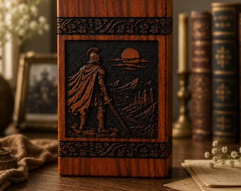 Personalized Warrior Wooden Urn Box, Handmade Memorial Ashes Keepsake, Viking Cremation Urn