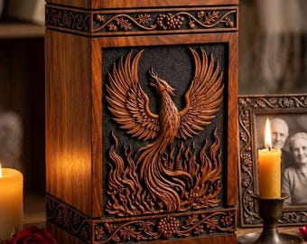 Personalized Phoenix Wooden Urn Box, Engraved Memorial Ashes Keepsake