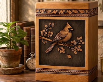 Hand Carved Cardinal Bird Wooden Urn, Memorial Cremation Keepsake Box