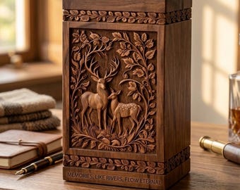 Hand-Carved Deer Forest Wooden Box - Artisan Keepsake & Memorial Urn