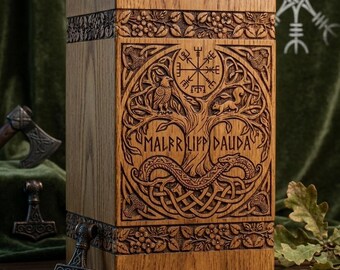 Urna de madera personalizada / Monumento conmemorativo vikingo grabado / Recuerdo de cremación personalizado