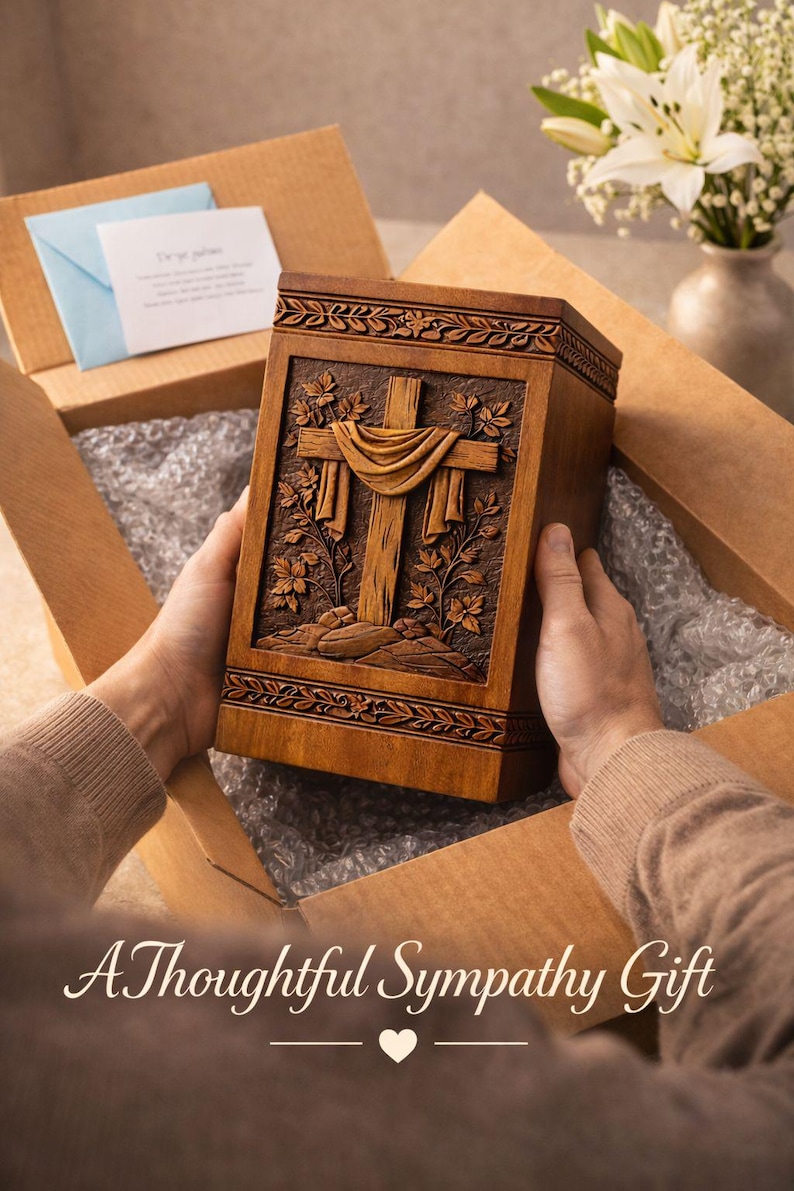 Personalized Wooden Urn Box, Cross Memorial Urn, Custom Ashes Keepsake image 10