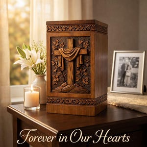 May include: A wooden urn with a carved cross design, surrounded by floral accents. The urn is displayed on a dark wood table, with a lit candle and a vase of white flowers. The text "Forever in Our Hearts" is displayed on the table.