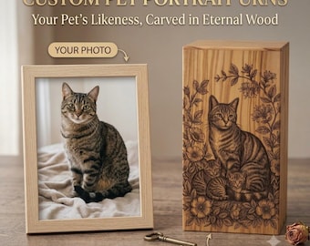 Urna personalizada con retrato de mascota / Caja conmemorativa de madera grabada para mascotas / Regalo personalizado para recordar a tu mascota fallecida (gato o perro)